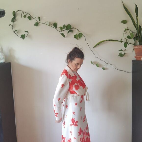 2 piece 1970s Rose Print Red & White Maxi Dress Set - Picture 4 of 6